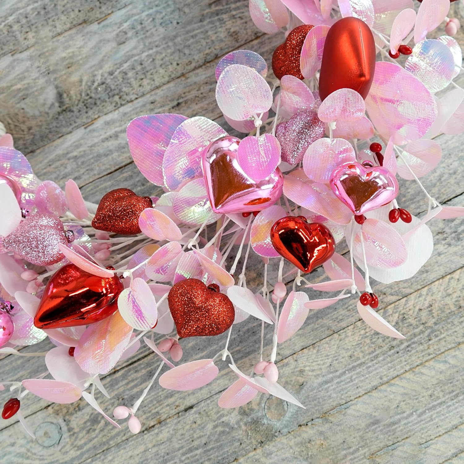 Valentine's Day Wreath for Front Door Valentine Wreath with Pink Eucalyptus Leaves,Pink and red Hearts for Indoor Outdoor Wedding Anniversary Party Home Wall Window Festival Decoration - Image 3