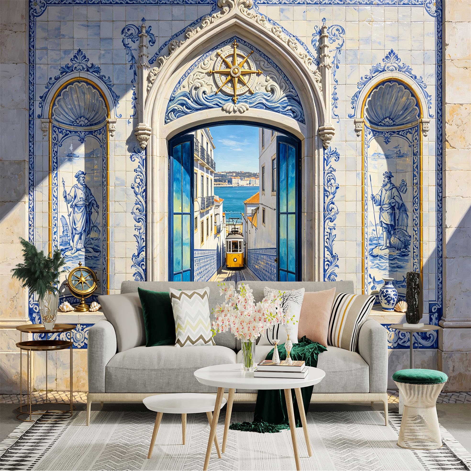 Custom Size Wall Sticker Mural， Blue Tile Archway with Coastal Street and Vintage Tram， for wall Decoration， peelandstick wall Decals.