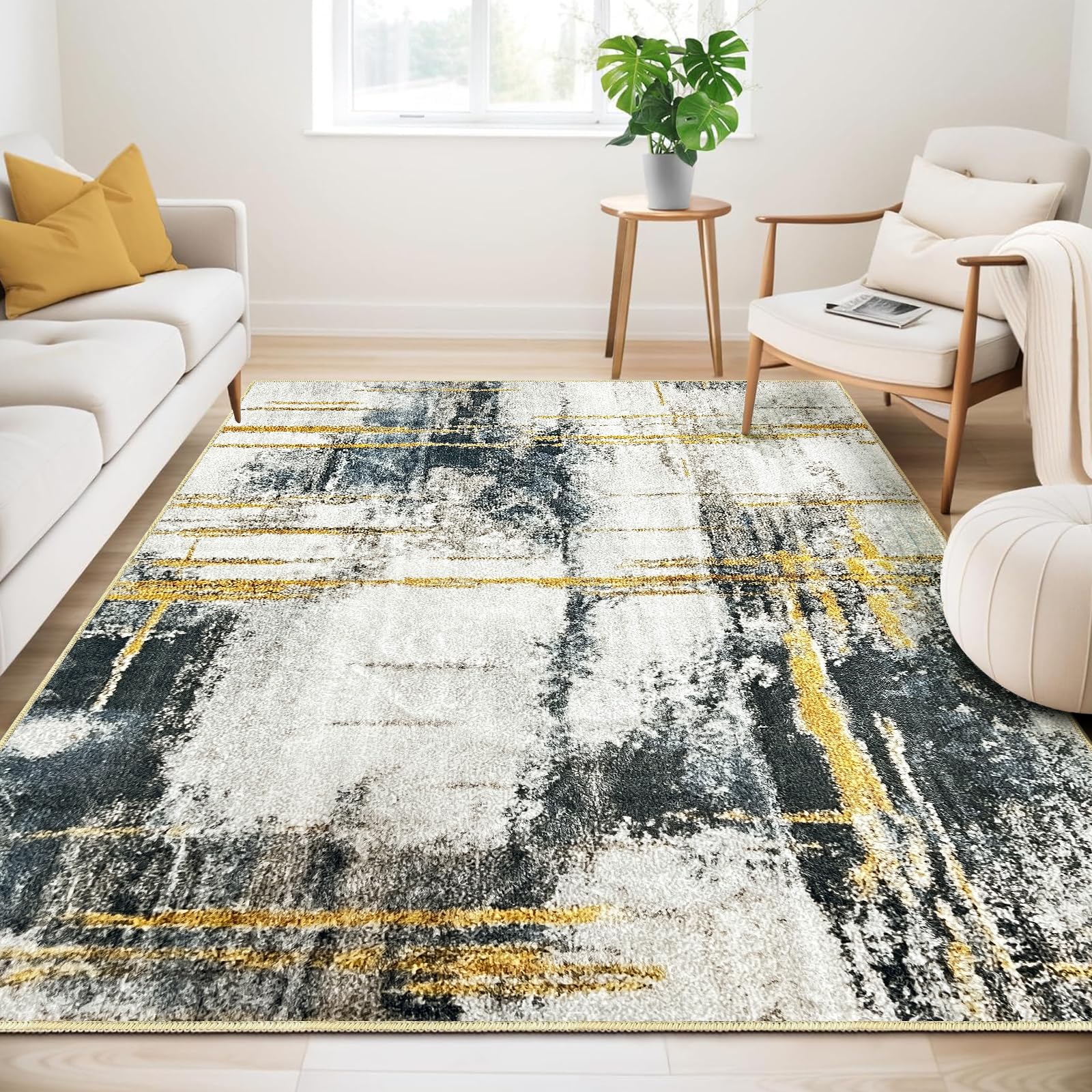 Tapis Antidérapant Salon Moderne, Tapis Doux Lavable en Machine, Tapis Poil Ras Agréablement Étre Destiné à Salon, Chambre, Salle à Manger, Beige & Gris, 200x290cm