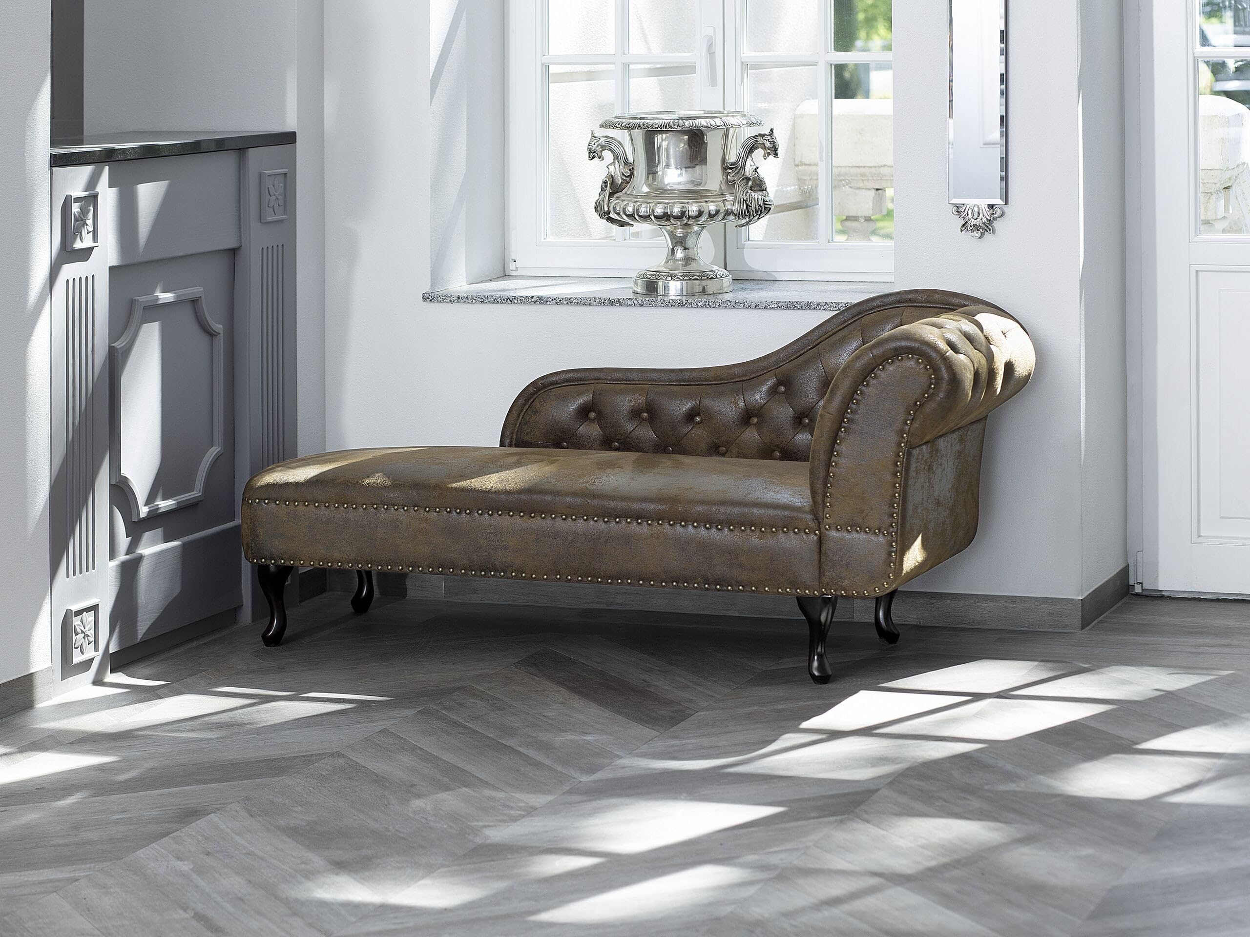 Chaise Longue Côté Droit Méridienne en Cuir PU Imitation Daim Marron Chic Nimes