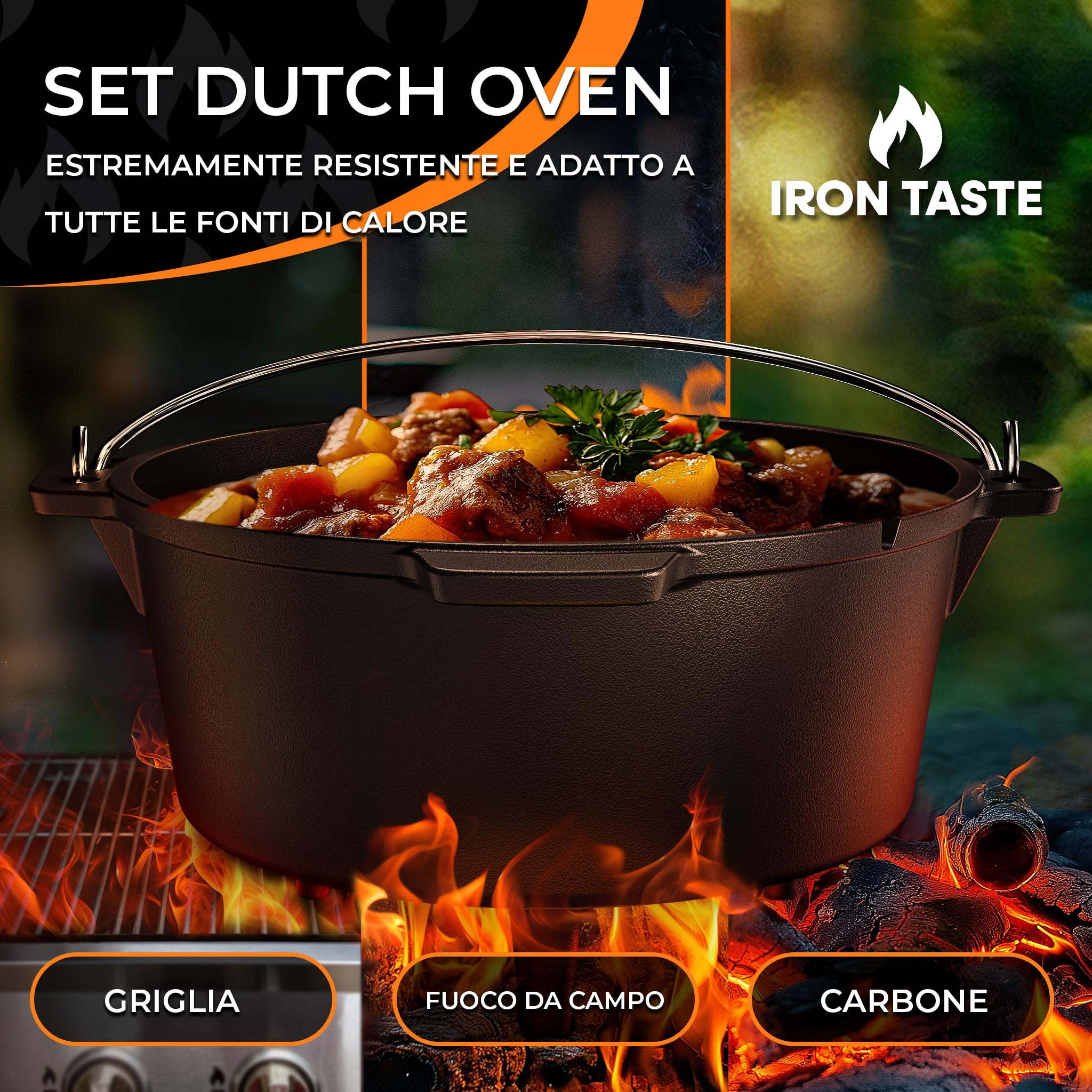 Cocotte Fonte Barbecue 4,5L – Cocotte en fonte pré-assaisonnée avec pieds et couvercle pratique, idéale pour pain, ragoûts, BBQ & camping