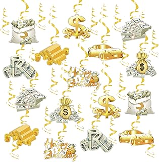 30 Pack(Swrils & Cutouts) Money Birthday Hanging Decorations Dollar Bill Cash Hanging Swirls Investment Themed Decorations for Birthday Casino Wedding Bachelorette Graduations Party Supplies