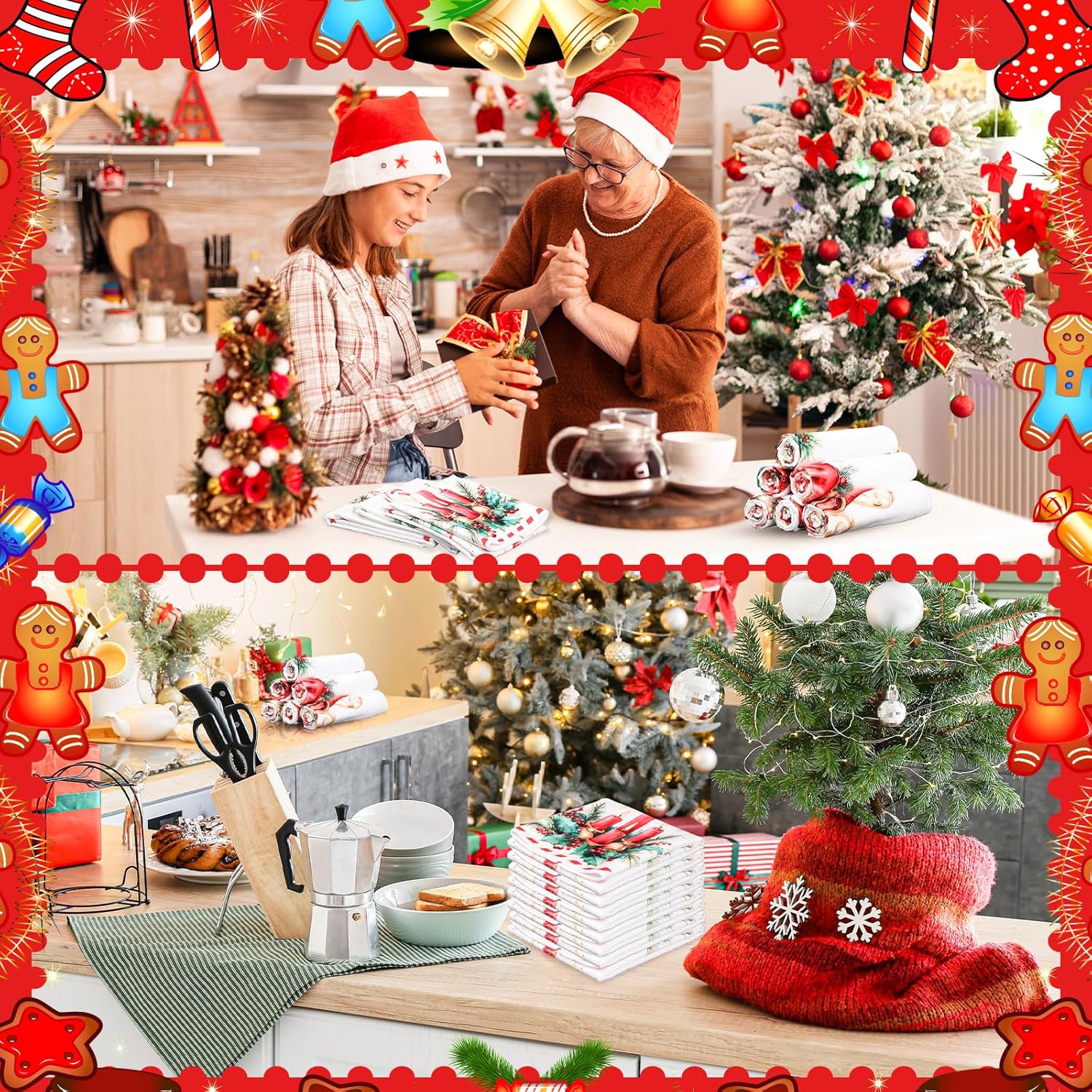 Hahafelt 12 Pcs Christmas Kitchen Towels and Dishcloths Absorbent Decorative Hand Dish Tea Towels Christmas Decoration for Winter Xmas Home Gift Supplies, 15.8 x 23.6 Inches(Classic)
