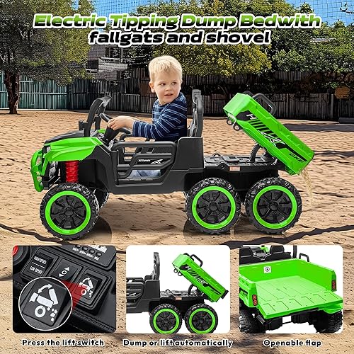 Miniatura 4 de Camión volquete de 2 plazas de 24 V con control remoto, automóvil eléctrico de 6 ruedas 4WD para niños grandes con cama de descarga eléctrica,