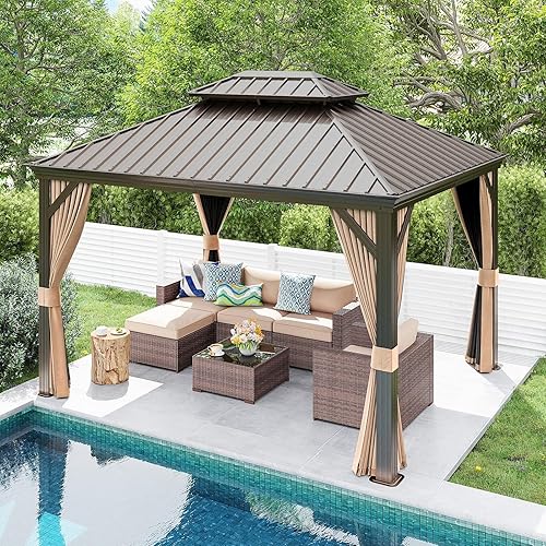 Patiorama Gazebo de techo duro de 10 x 12 pies, cenador de aluminio para exteriores con toldo de techo de acero galvanizado con doble ventilación,