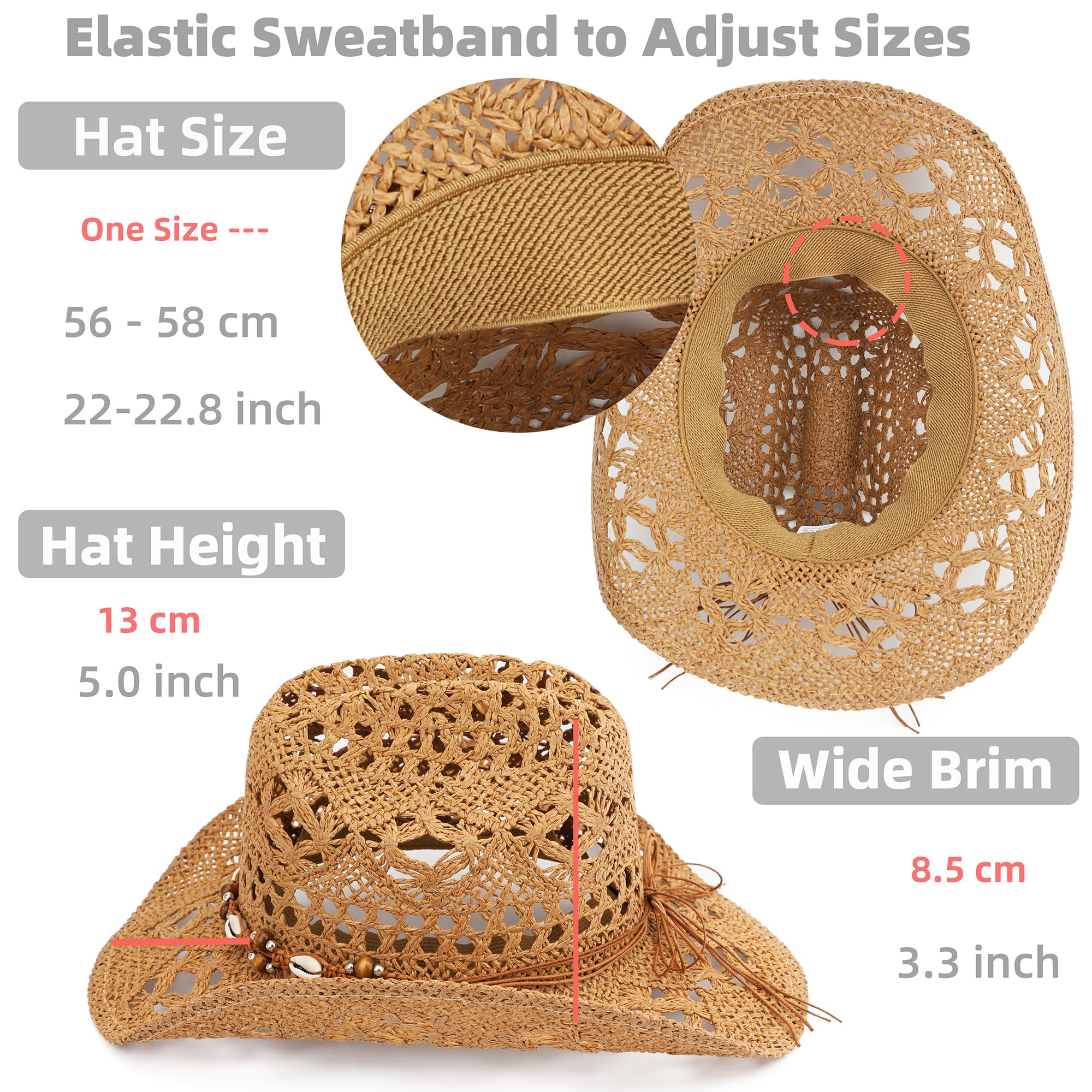 Straw Cowboy Hat, Western Cowgirl Hat, Wide Brim Sun Beach Hat for Men and Women