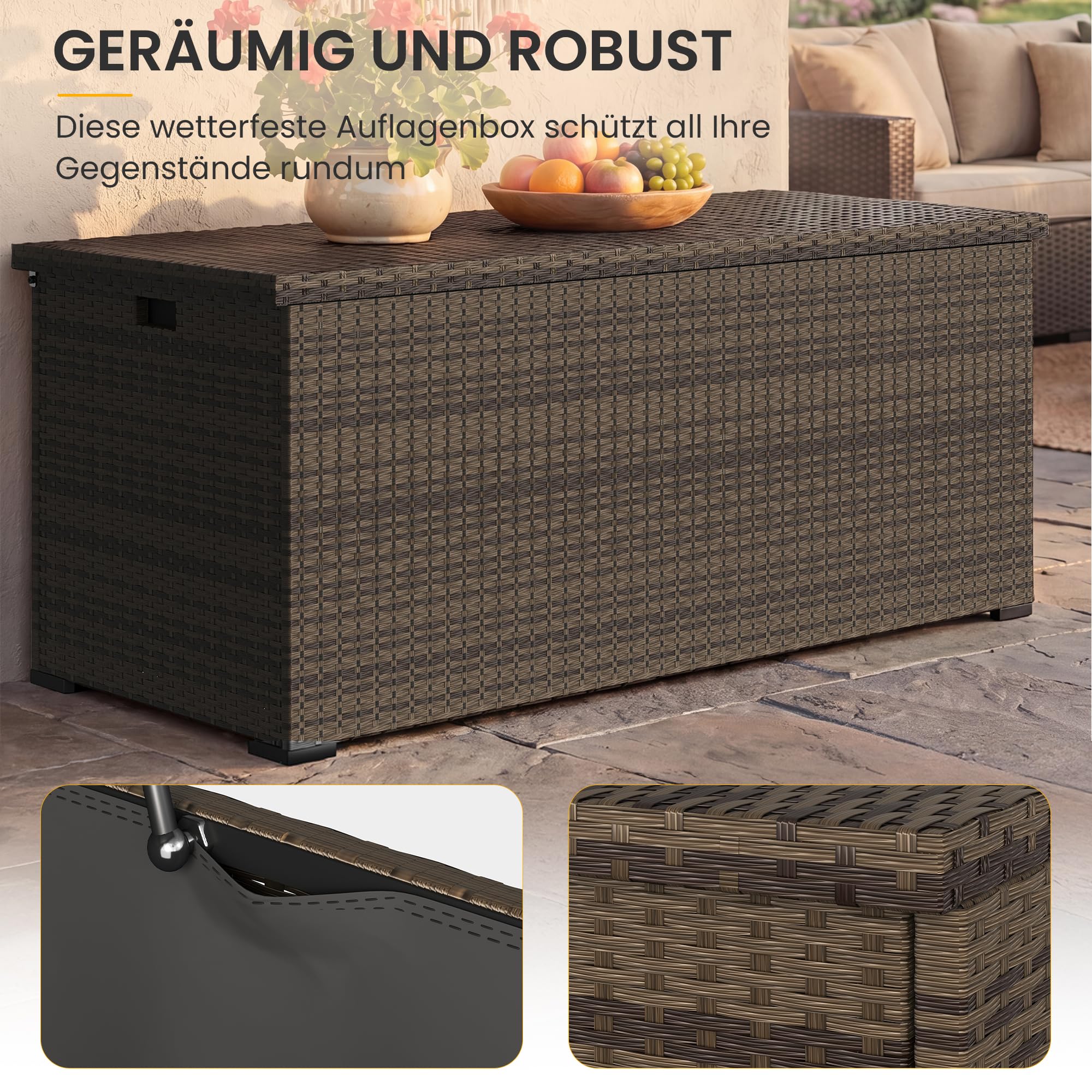 UDPATIO Gartenbox Wasserdicht 650L, Aufbewahrungsbox Garten XXL, Auflagenbox Wetterfest, Kissenbox Outdoor mit Deckel, Gasdruckfedern, ideal für Garten, Terrasse & Balkon | Braun