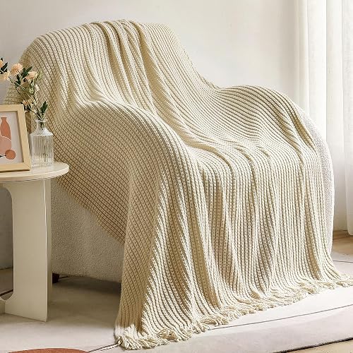 Blagic Knit Throw Blanket for Couch and Bed with Tassels,Off