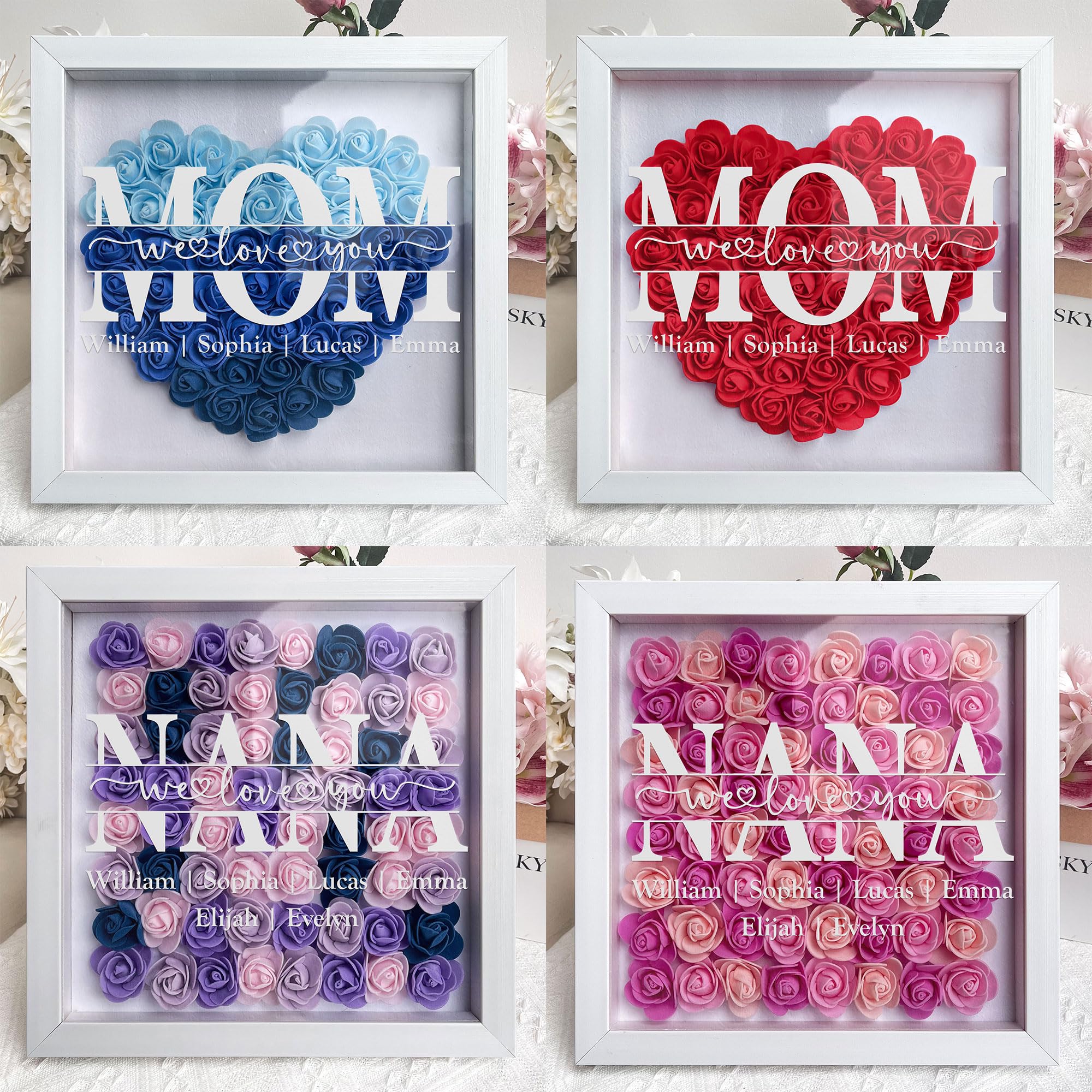 Macorner Personalized for Mom, Grandma from Daughter, Son, Kids, Mom Flower Shadow Box Custom Kid Name Box Frame, Grandma Gifts, Mom Birthday Gifts, Mothers Day Decor Mom Gifts