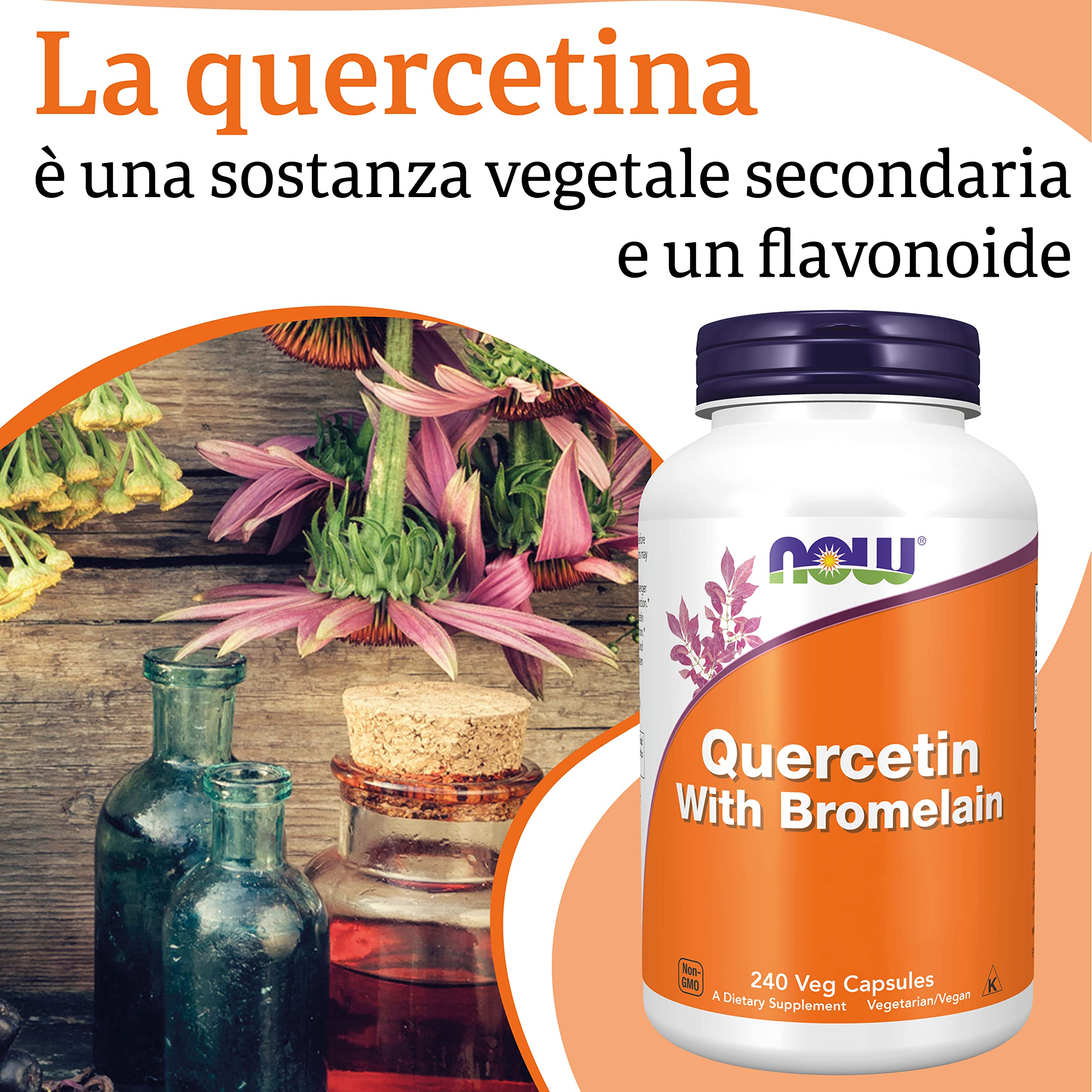 Now Foods Quercetin con bromelina, Altamente Dosato, 240 capsule Vegane, Testato in Laboratorio, Senza Soia, Senza Glutine, Vegetariano, Non-GMO