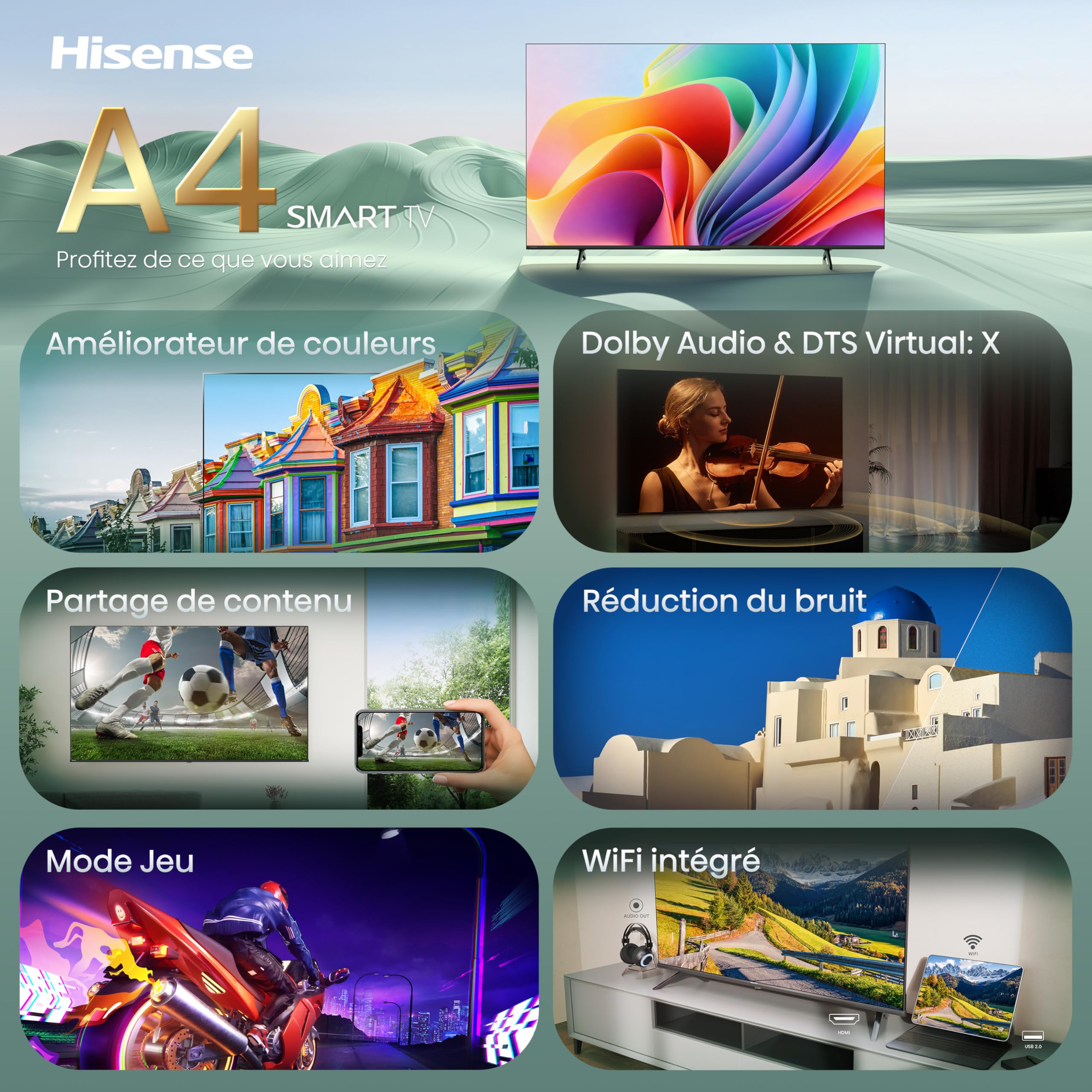 Hisense 32A4S - TV 2026 LED 32" (80 cm), Smart TV VIDAA, Dolby Audio & DTS HD, WiFi, Bluetooth, Mode Jeu, Noir