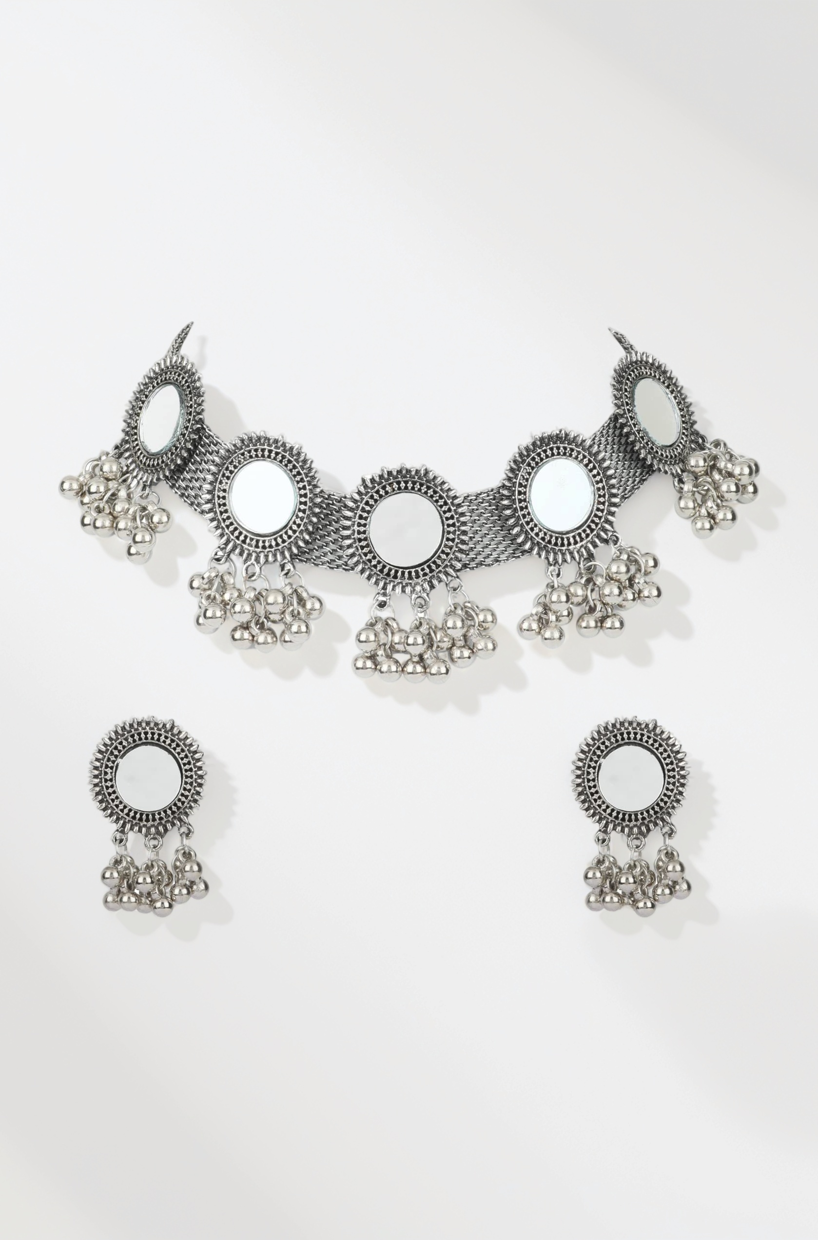 Latest Stylish Fancy Oxidised Silver Tribal Choker Necklace Jewellery Set for Women (12162s)