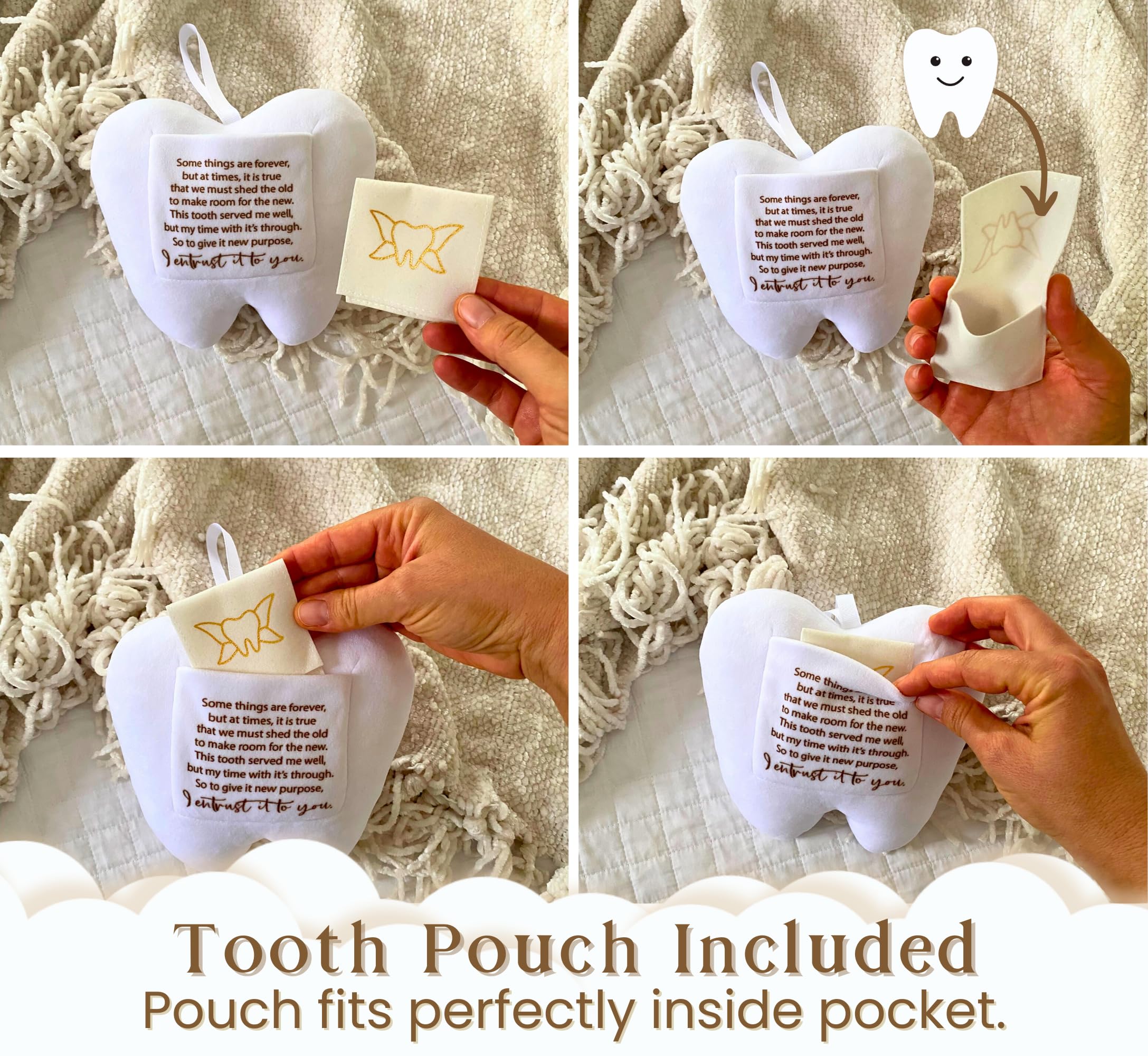 Squishie Tooth Fairy Pillow with Pocket and Poem | Tooth Fairy Gifts for Boys and Girls | Tooth Holder Plushie, Coy