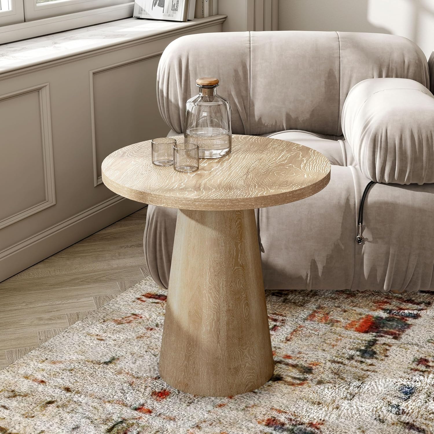 Furniture of America Crambel Modern Solid Wood 20-inch Round End Table with Cone-Shaped Pedestal Base, Living Room Furniture for Small Space, Home Office, Oak