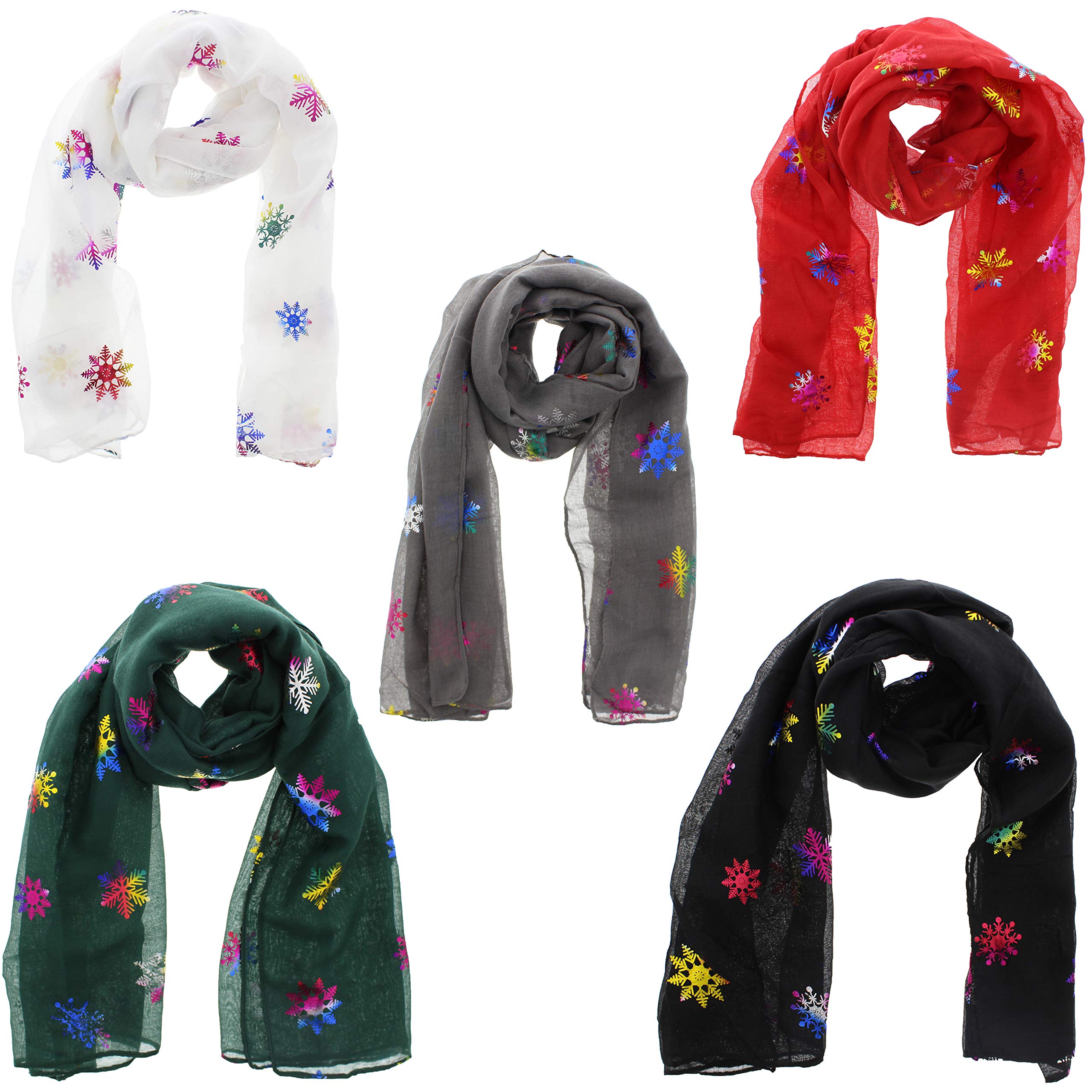 Zac's Alter Ego Women's Multicoloured Set Of 5 Lightweight Assorted Colour Rainbow Foil Snowflakes Print Scarf