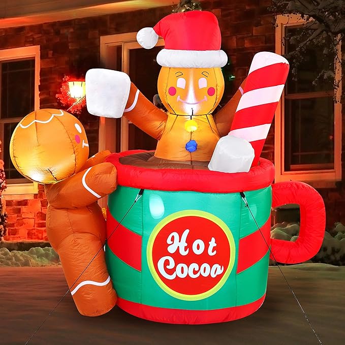 6 FT Tall Gingerbread Man in Hot Cocoa Mug Inflatable with Build-in LEDs Blow Up Inflatables for Xmas Party Indoor, Outdoor, Yard, Garden, Lawn, Winter Decor, Christmas Inflatable Decoration