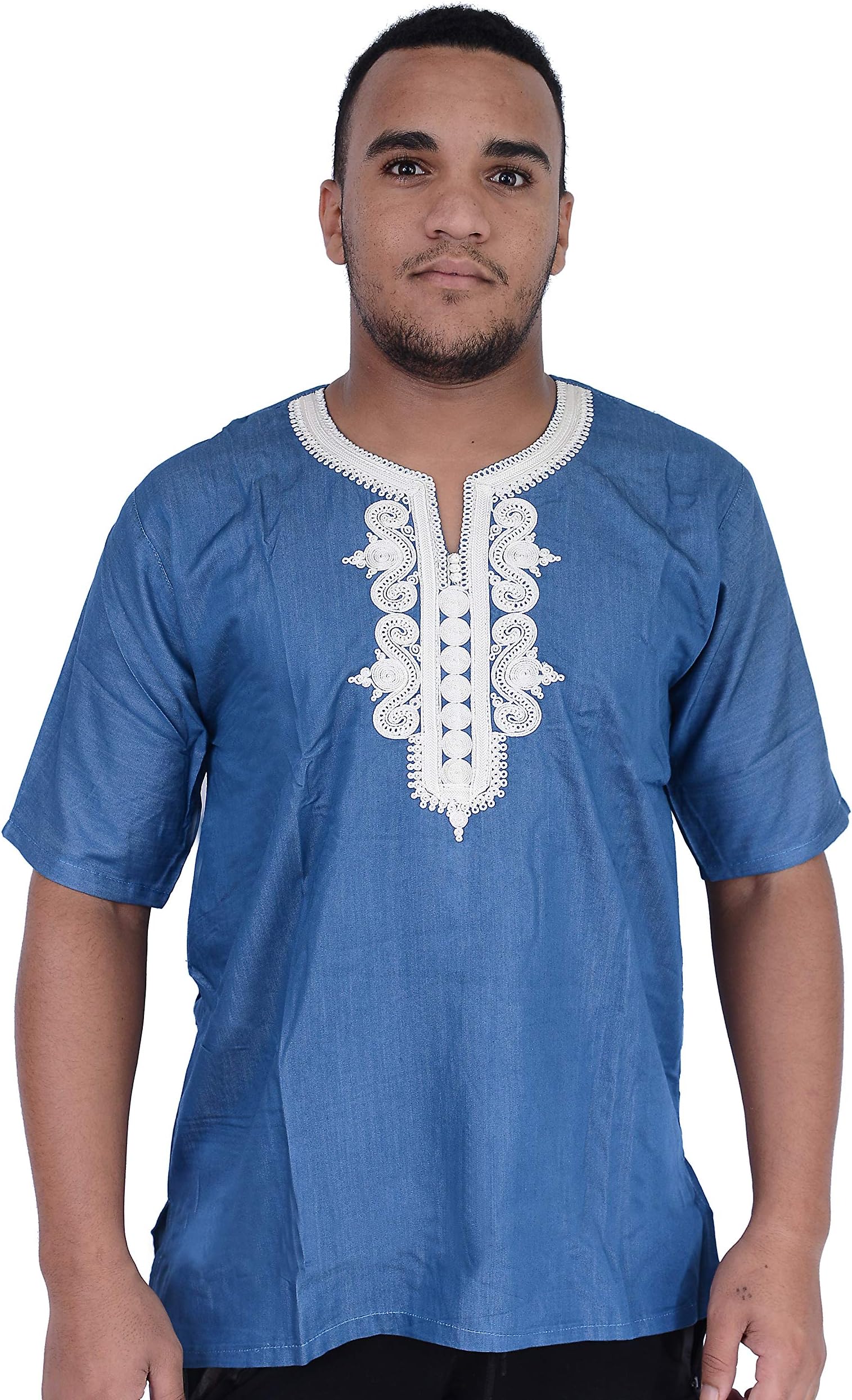 Treasures Of Morocco Moroccan Men Tunic Caftan Breathable Fiber Cotton Handmade Embroidery Ethnic Denim, Denim, Large