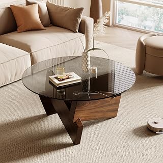 Honyee Modern Round Coffee Table 30.7" Tempered Glass Top Walnut Finish Living Room Accent Table