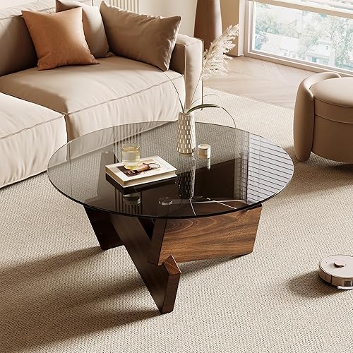 Honyee Modern Round Coffee Table, 30.7" x 30.7" x 16.1" Tempered Glass Top for Living Room, Color: Walnut
