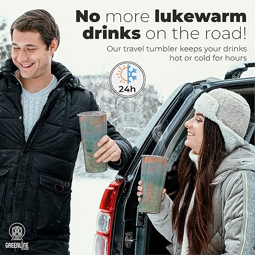 Miniatura 2 de Greenline Goods Vasos aislados de 25 onzas con tapas y pajillas, de acero inoxidable para bebidas frías y calientes, diseño elegante de vaso de café