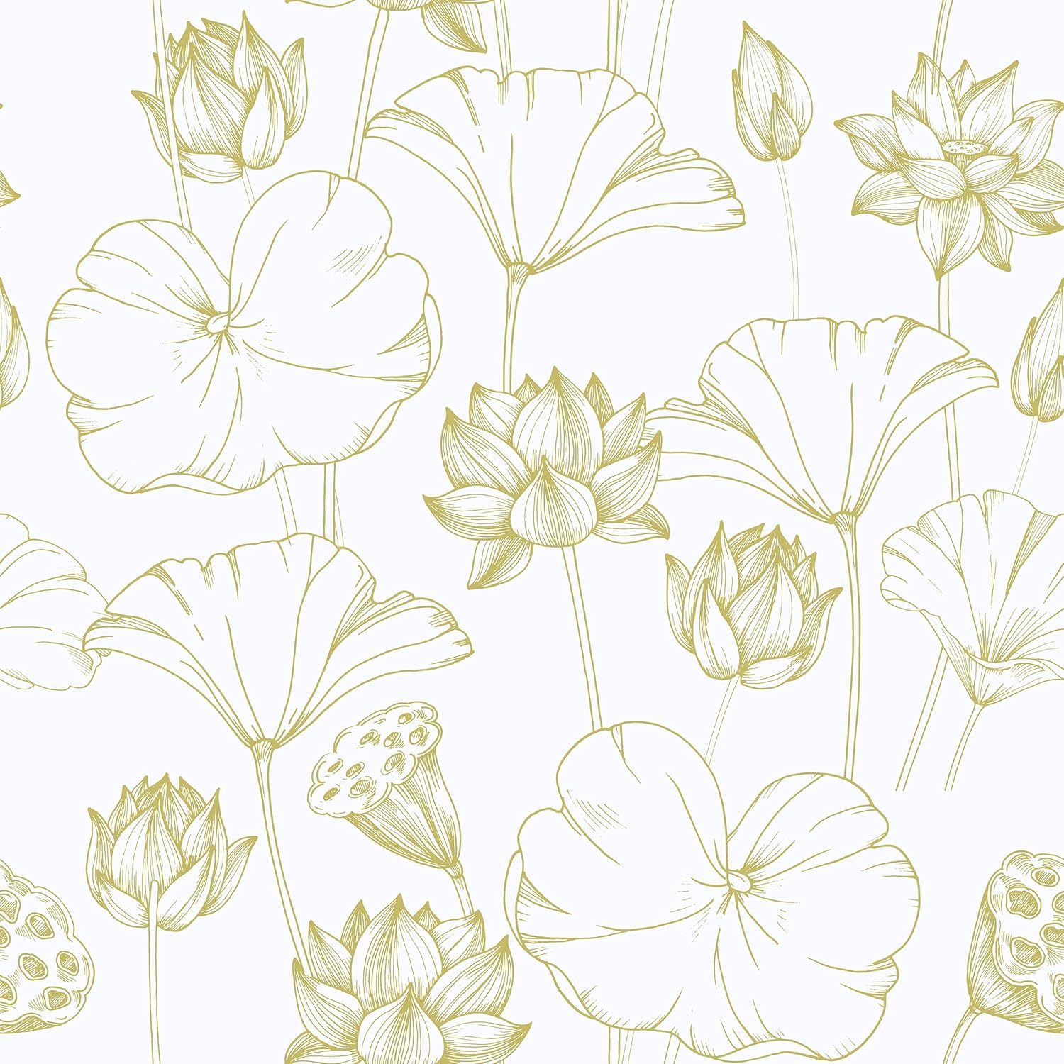 Sketch Lotus Floral Peel and Stick Wallpaper Yellow White Floral Contact Paper 17.7"x160" Removable Vintage Flower Wallpaper Adhesive Nursery Wall Mural White Wall Paper for Bathroom Cabinet
