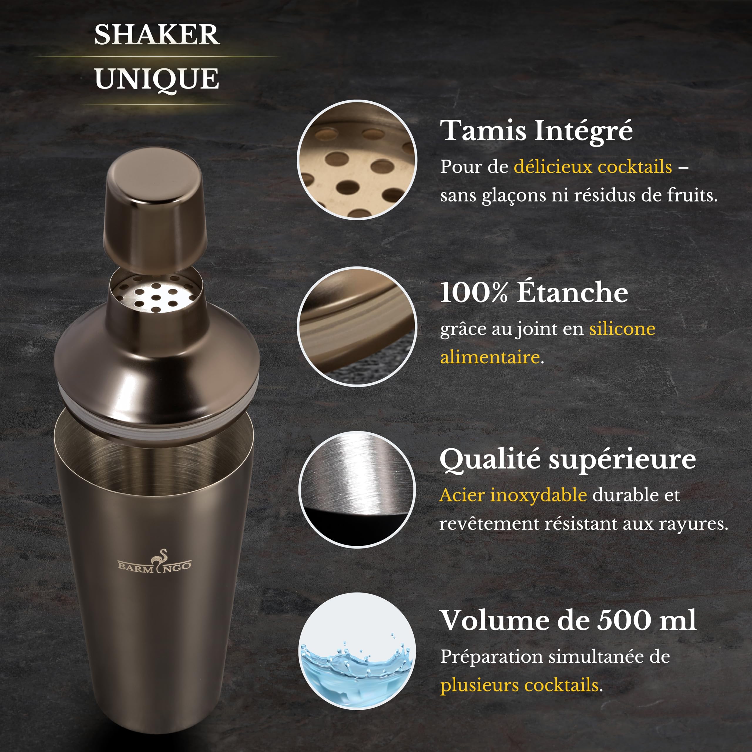 Shaker Cocktail Kit | 5 Pièces, Volume de 500 ML, Noir Métallisé | Shaker Cocktail INOX avec Accessoires de Bar | Set Barman Cocktail Shaker | Kit Cocktail Professionnel