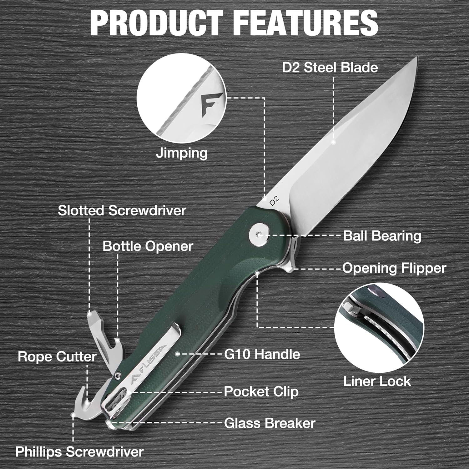 FLISSA Multitool Pocket Knife, 3.3" D2 Blade with G10 Handle, Liner Lock Folding Knife with Glass Breaker, Screwdrivers, Bottle Opener & Rope Cutter for EDC, Survival, Camping, Hiking (Green)