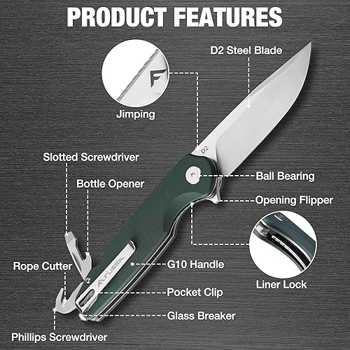 Miniatura 2 de FLISSA Cuchillo de bolsillo multiherramienta, hoja D2 de 3.3 pulgadas con mango G10, cuchillo plegable con bloqueo de revestimiento con