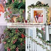 Vista 6 de Guirnalda de luces artificiales de Navidad de 5.9 pies con 162 bayas rojas nevadas, 55 hojas verdes, 20 luces LED, funciona