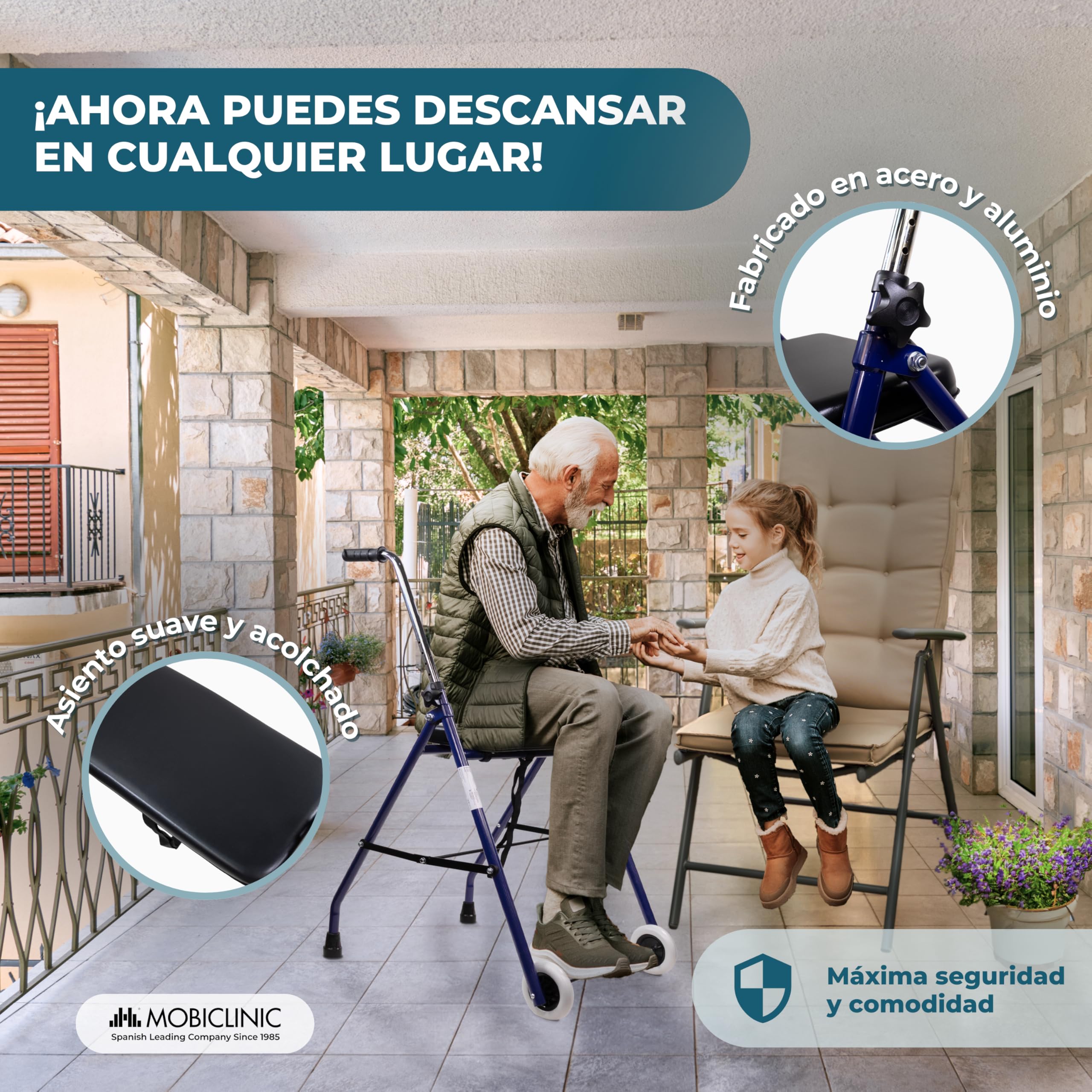 Mobiclinic®, Andador Plegable, Ajustable, Resistente, Emérita, Acero, Empuñaduras Ergonómicas, Ligero, con Asiento y 2 Ruedas, Azul