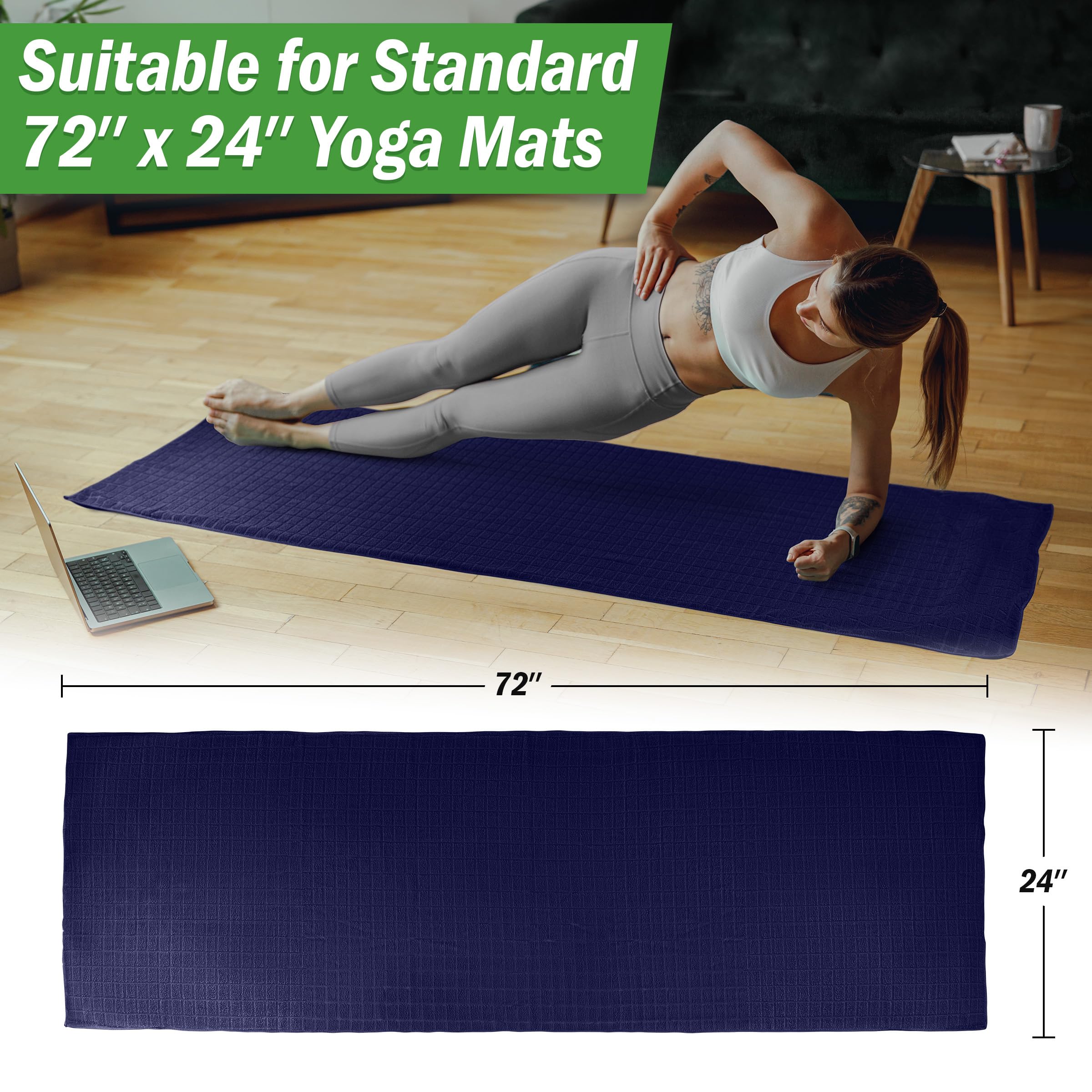 Wakeman Yoga Mat Towel and Gym Towel Set - 2-Piece Non Slip Set for Hot Yoga, Pilates, and Gym - 72” x 24” Sweat Absorbent and Quick Drying Blanket with Corner Pockets for Mats (Navy)