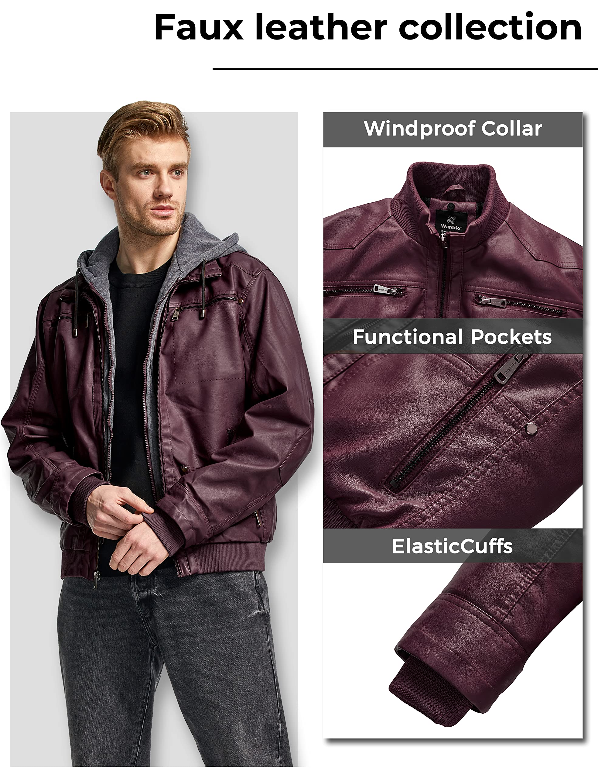 Wantdo Giacca in Pelle da Uomo Giubbotto con Cappuccio Rimovibile da Lavoro Mezza Stagione Primavera Antivento Antipioggia Giacca da Moto Casual