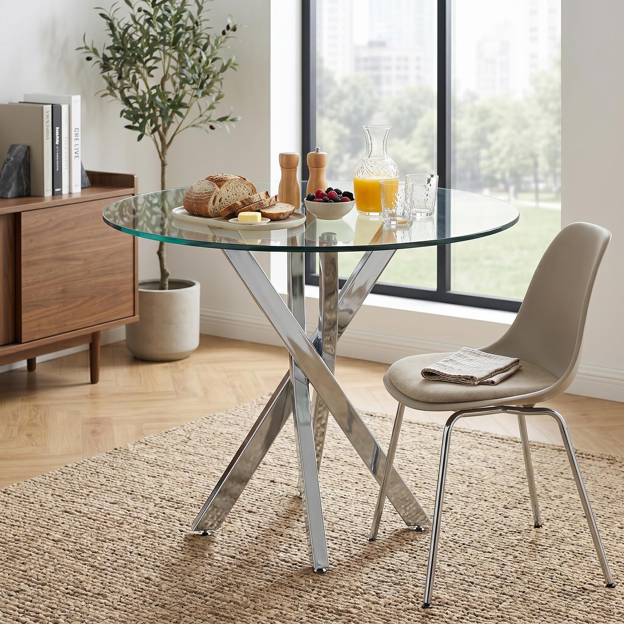 Mesa de comedor redonda de cristal de 80 cm, mesa transparente con patas de metal, mesa de comedor, cristal templado, mesa redonda para el hogar, comedor, sala de estar (redonda plateada)