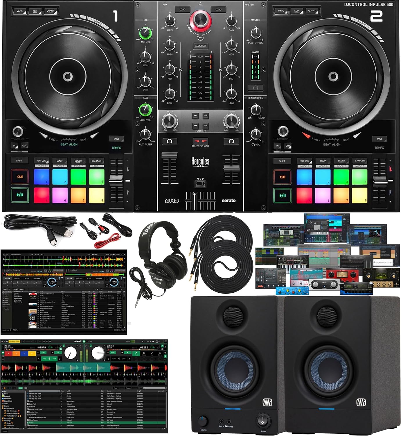 Hercules DJControl Inpulse 500 2-Channel DJ Controller Bundle with PreSonus Eris 3.5 Studio Monitors, DJ Headphones, Cables & Serato DJ Lite/DJUCED + Studio One Software