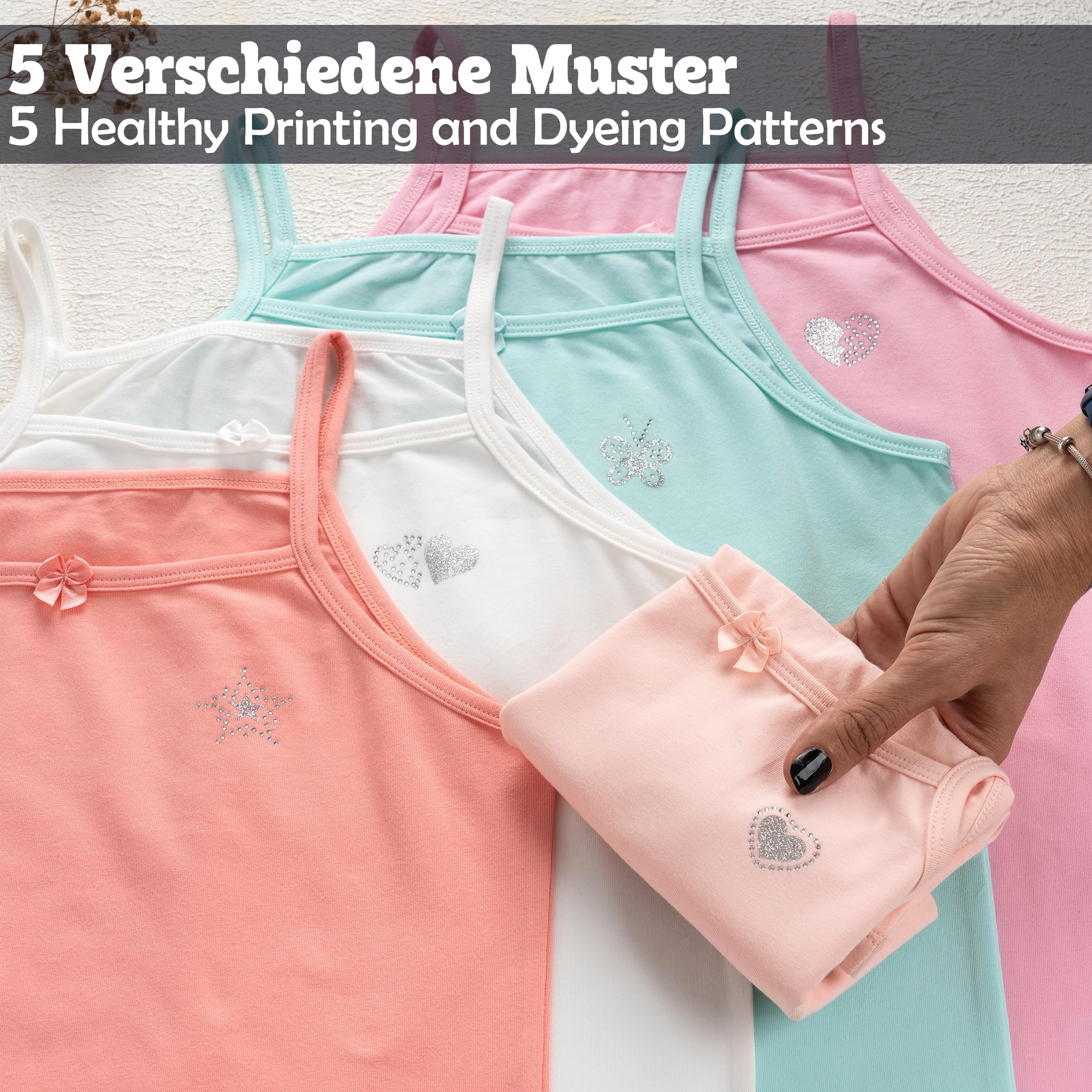 LOREZA® 5 Filles sous-vêtements en Coton Débardeur Enfants Strass/Bretelles Fines 2-13 Anni