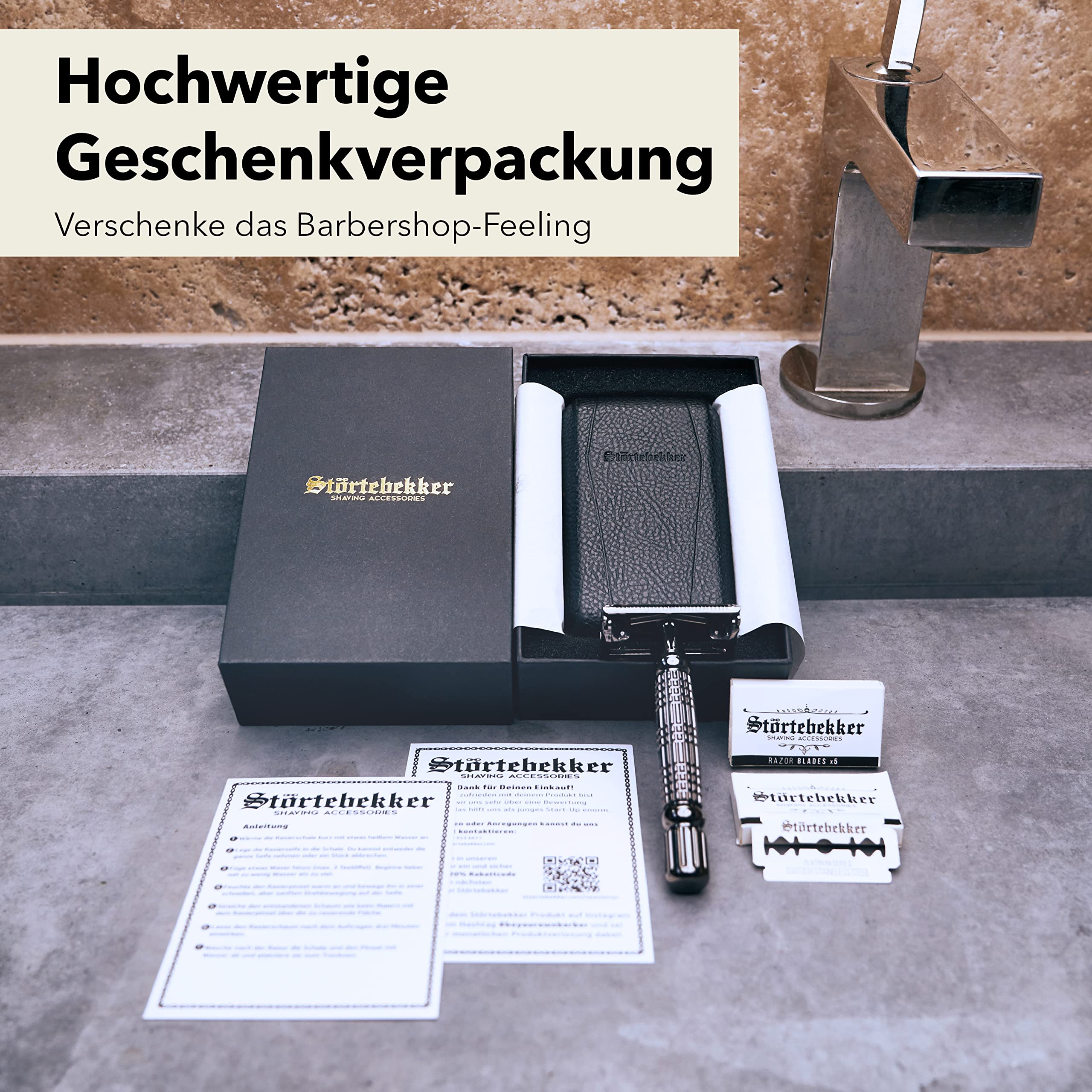 Störtebekker Gentleman Essential Set - Set da rasatura di alta qualità - rasatura perfetta - con rasoio, pennello da barba, sapone da barba, ciotola, lamette, supporto e pietra di allume (Nero)
