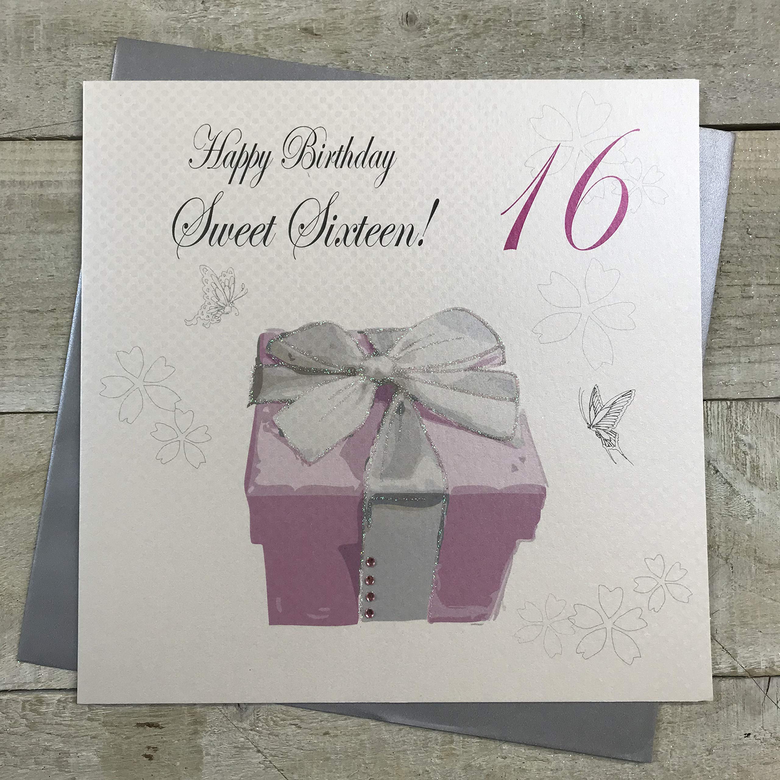 White Cotton Cards Large Happy Birthday Teenager Sweet Sixteen!, Pink Present Handmade 16th Birthday Card, XPB16