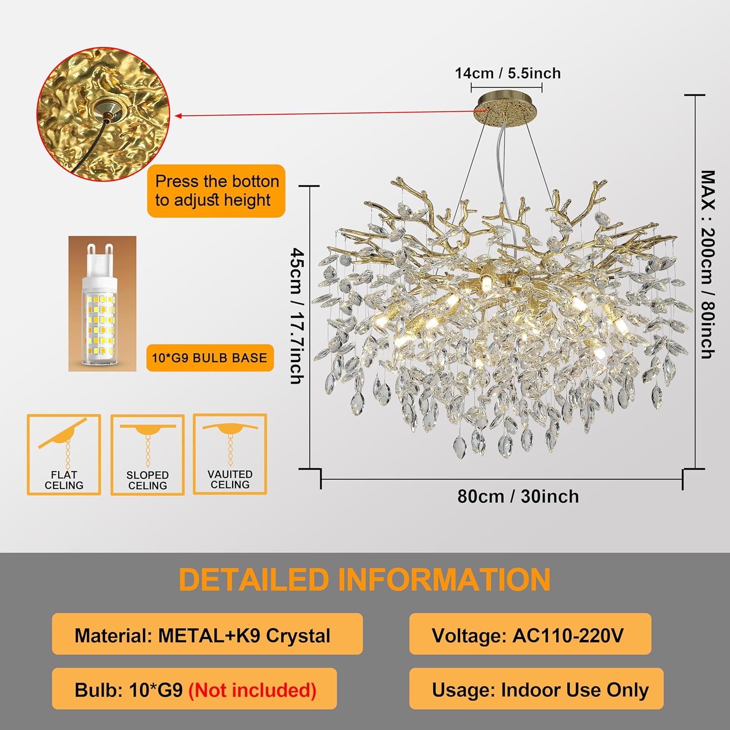 Modern Crystal Tree Branches Chandelier, 30in Gold 10 Lights Large Ceiling Hanging Light for Dining Room, Round Raindrop Pendant Light Fixture