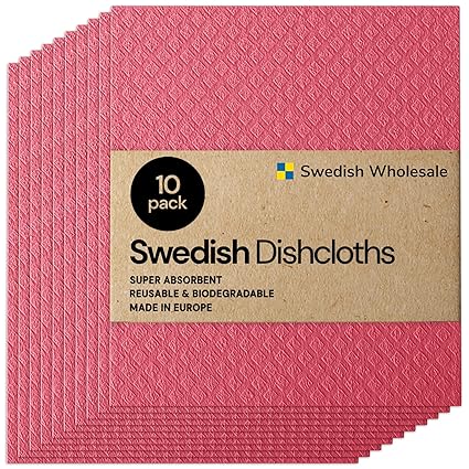 Swedish Dishcloth Cellulose Sponge Cloths - Bulk 10 Pack of Eco-Friendly No Odor Reusable Cleaning Cloths for Kitchen - Absorbent Dish Cloth Hand Towel (10 Dishcloths - Red)