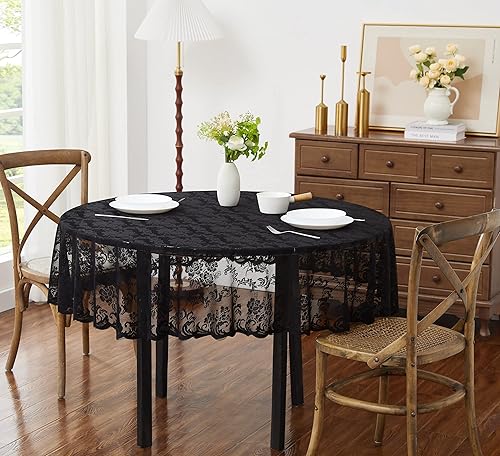 Miniatura 2 de WARM HOME DESIGNS Mantel para el Día de la Madre. Mantel redondo negro de 70 pulgadas. Elegante mantel de encaje para mesas redondas con diseño