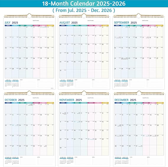 Wall Calendar 2025-2026 Calendar 2025-2026 Wall, 18 Monthly Calendar, Jul 2025 - Dec 2026, 12 x 17 In, 2025 Calendar with Large Blocks, Thick Paper, Holidays, To-do & Notes, Great for Organizing