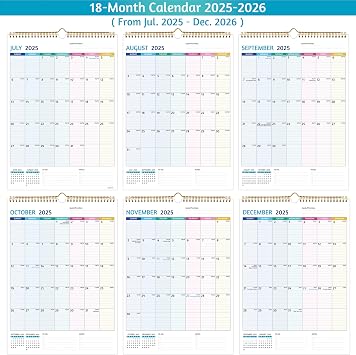 Wall Calendar 2025-2026 Calendar 2025-2026 Wall, 18 Monthly Calendar, Jul 2025 - Dec 2026, 12 x 17 In, 2025 Calendar with Large Blocks, Thick Paper, Holidays, To-do & Notes, Great for Organizing