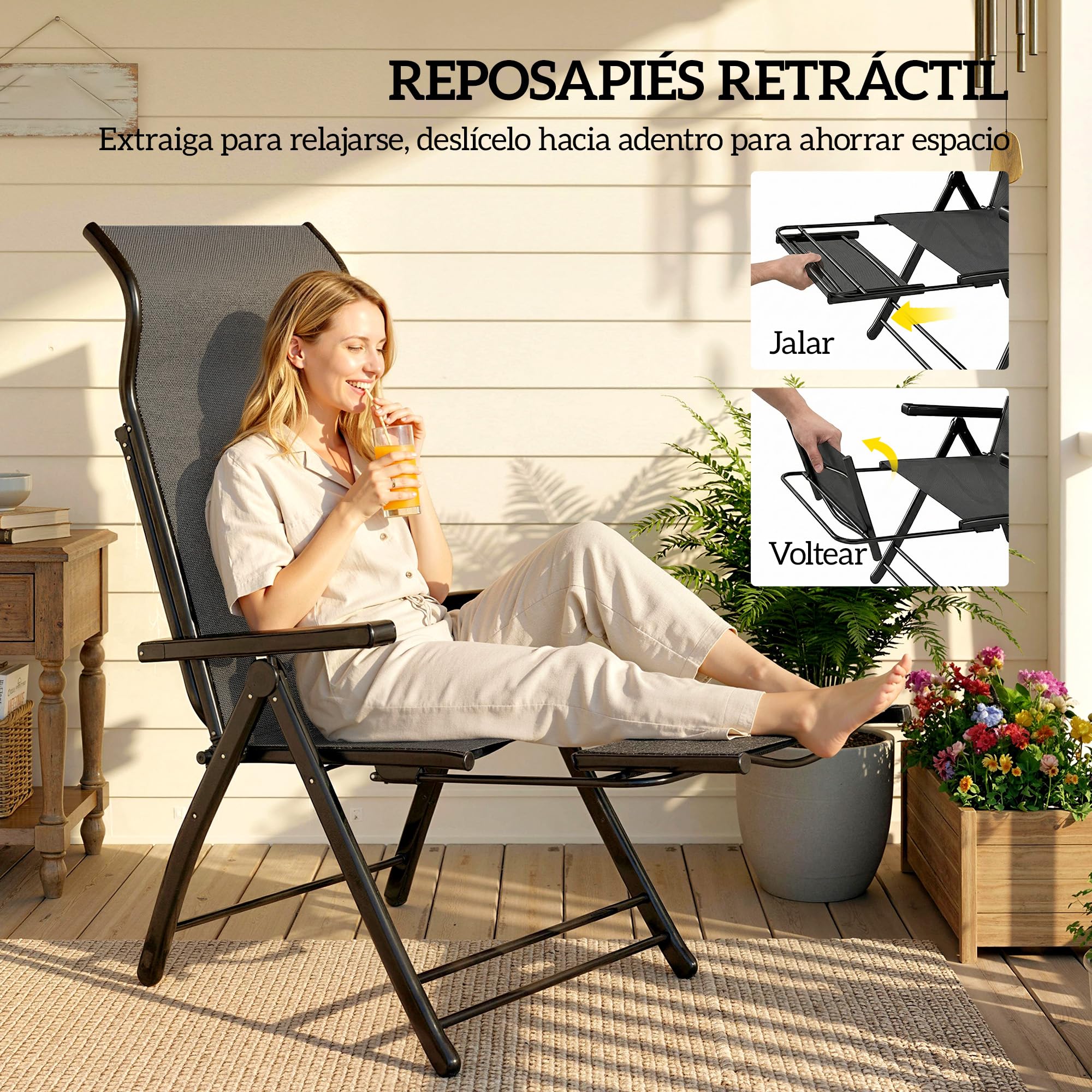 Outsunny Pack de 2 Sillas Plegables Reclinables, Sillas de Jardín Exterior con Respaldo Alto Curva Ajustable en 5 Posiciones, Reposapiés Retráctil y Marco de Metal, para Patio, Playa, Gris Oscuro