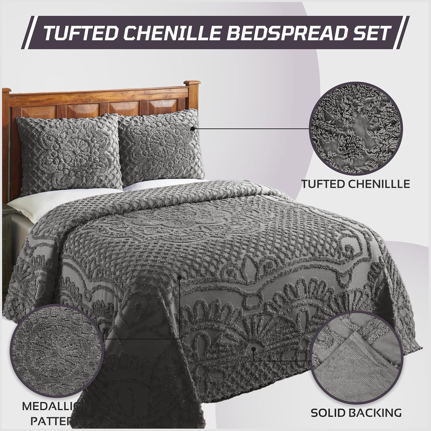 Better Trends Chenille Bedspreads Full/Double Size, Charcoal Gray 100% Cotton Chenille Medallion Design Tufted Bedding Coverlet Soft Lightweight, 96"x110" with 2 Sham, 3 Pieces Set Trevor Collection