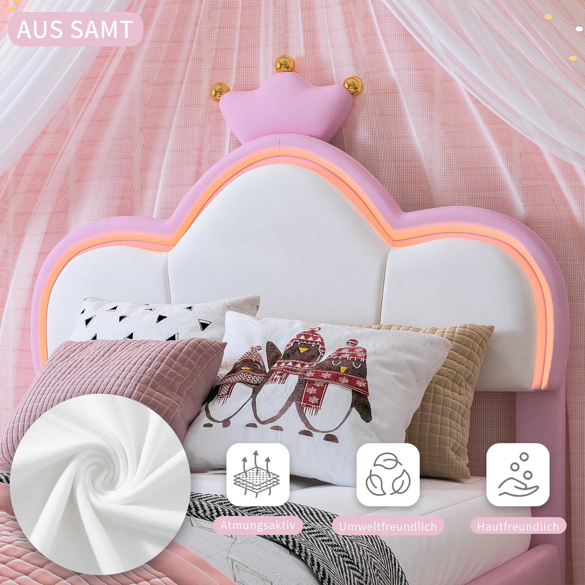 Letto singolo imbottito 90x200 cm per bambini, letto per bambine con illuminazione a LED e controllo tramite app, letto per bambini dal design a corona, testiera regolabile in altezza