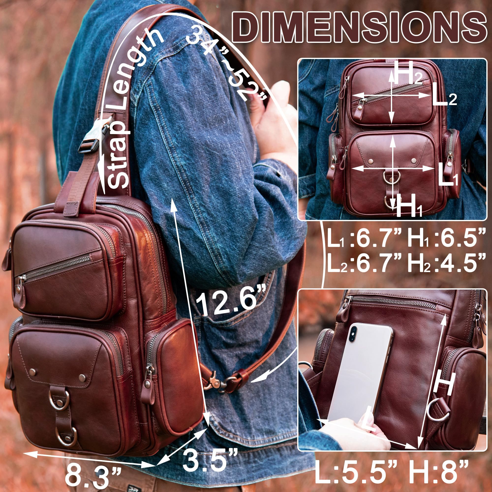 Bolso bandolera de cuero genuino para hombre, bolso cruzado grande, bolso de hombro casual, mochila antirrobo, bolsa de viaje en el pecho, Marrón oscuro, Mediana, Bolso bandolera 5