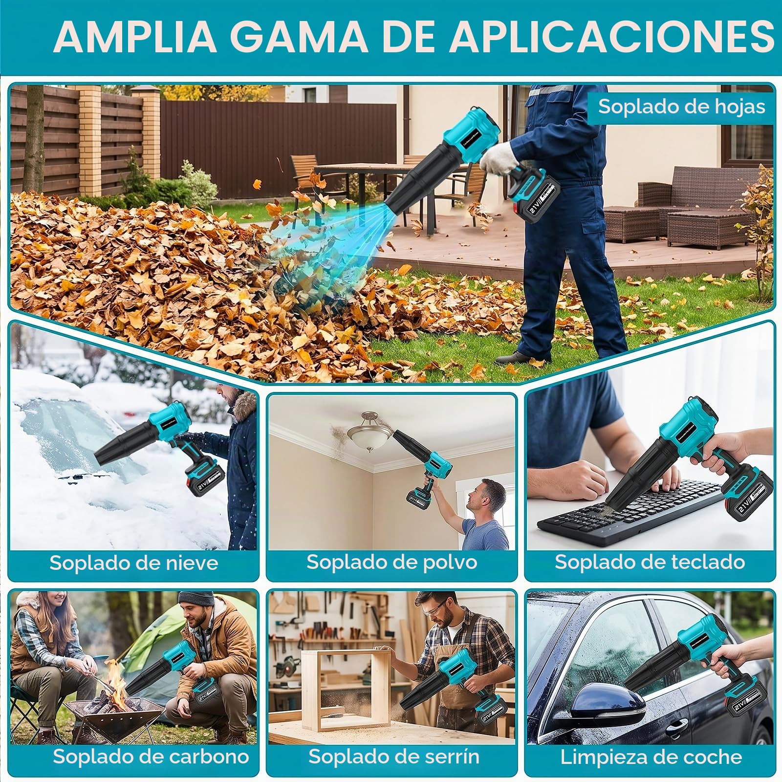 Soplador de Hojas con 2 Batería 4,0Ah, 21V Soplador Batería 800,000 RPM, 65 m/s, Velocidad Regulable, 2 Boquillas y Diseño Ligero para Jardín, Terraza, Patio y Coche (Azul)