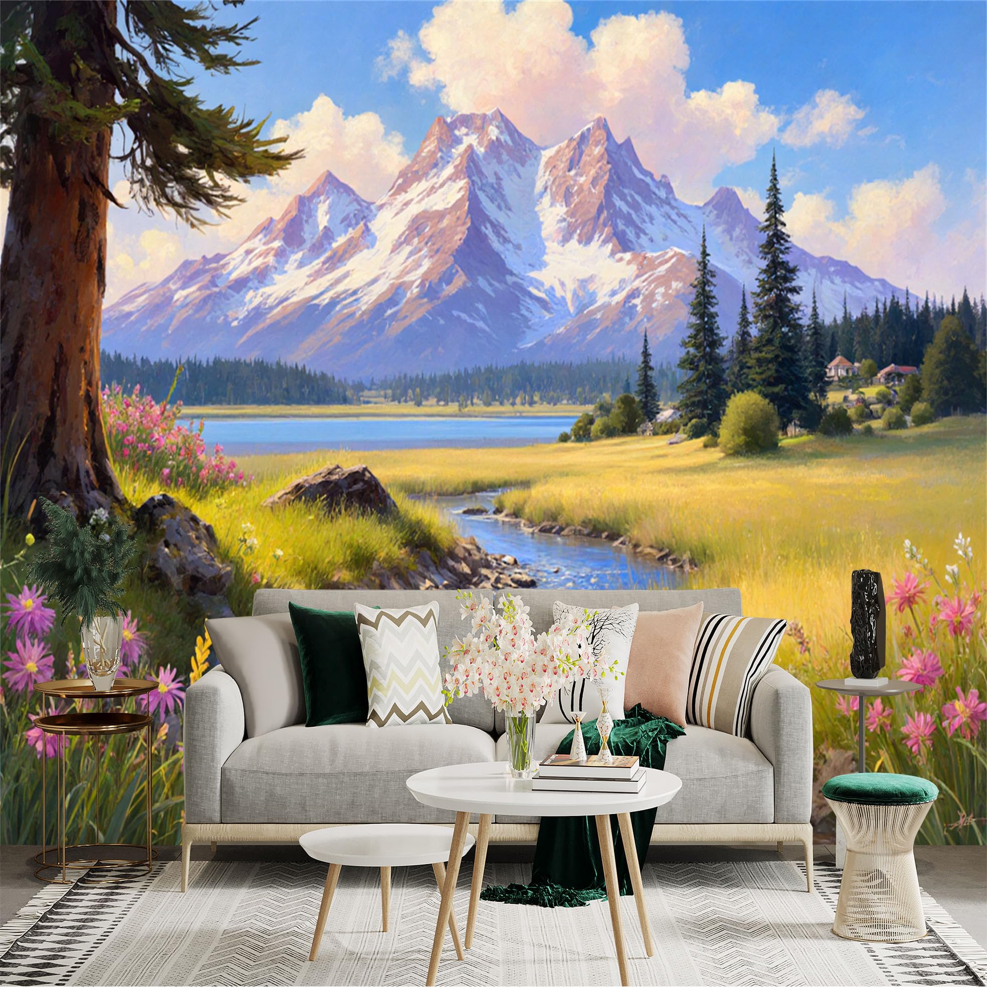 Lnzczhyre Xc260505468 Custom Size Wall Sticker Mural， Majestic Snowy Mountains， Serene River Landscape， Vibrant Wildflower Meadow， Pine Trees And Golden Sunlight， For Wall Decoration， Peelandstick Wall Decals.