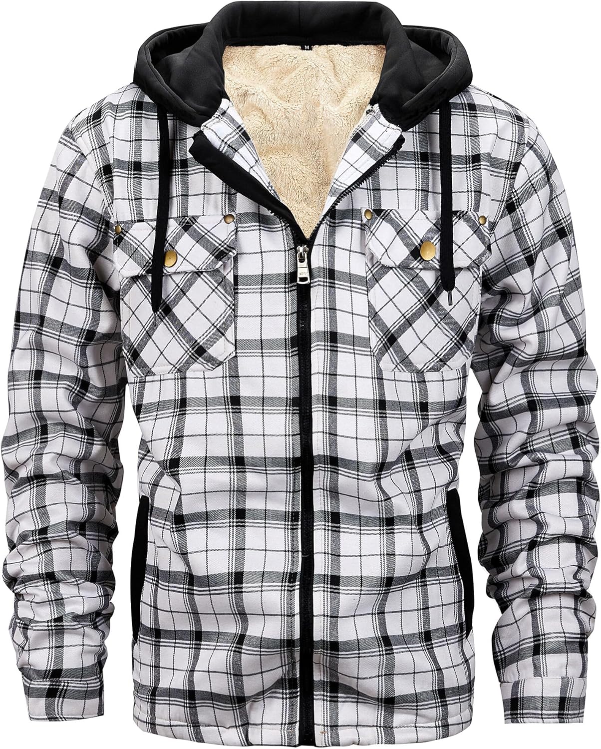 HVERDE Men's Winter Cotton Plaid Shirts Jacket Warm Fleece Lined Flannel Hooded Shirt Jacket Coat for Men