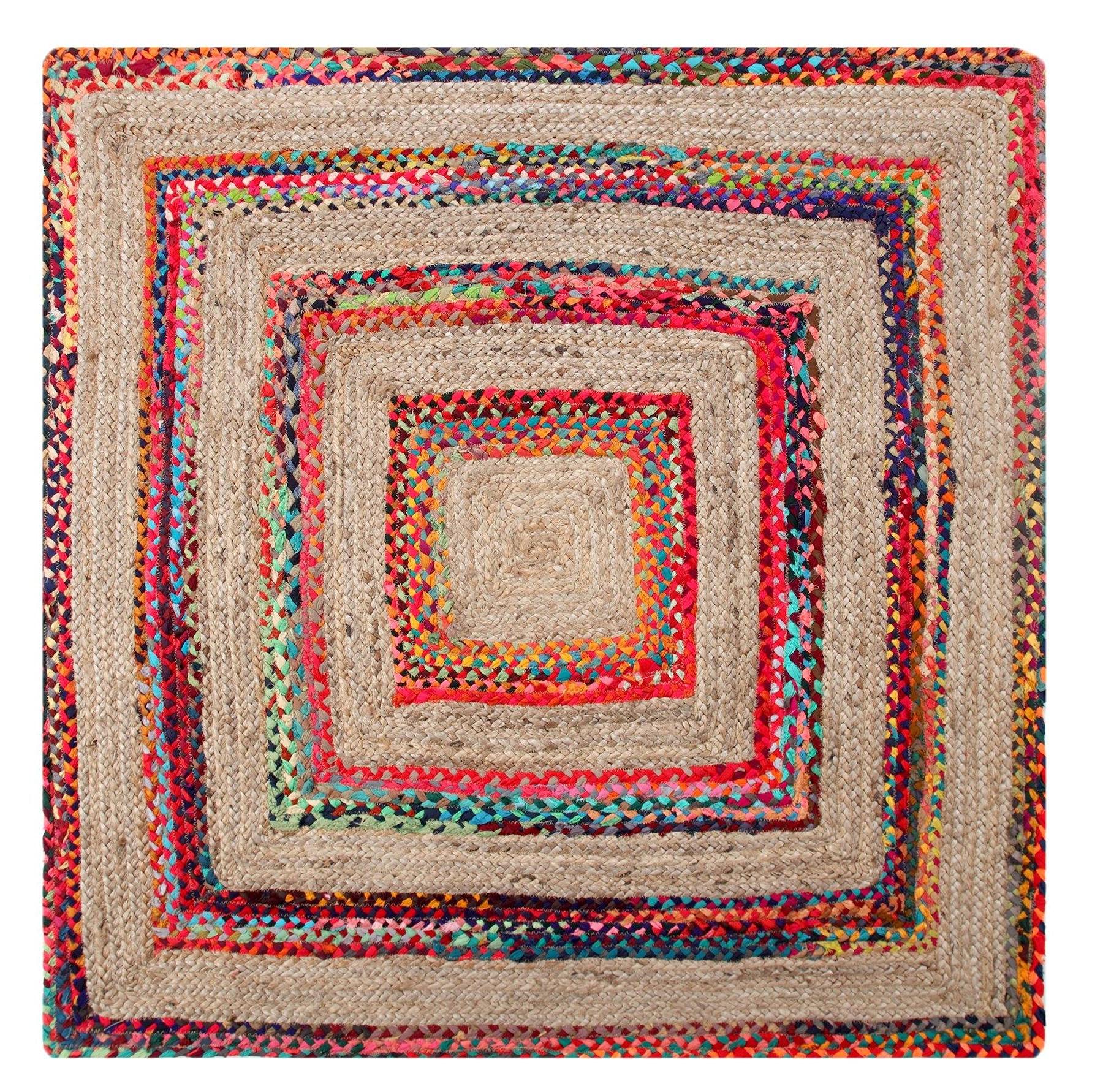Fiesta Eco Friendly - Tappeto quadrato intrecciato a righe spesse a trama piatta, in iuta naturale e materiale riciclato multicolore, 150 x 150 cm
